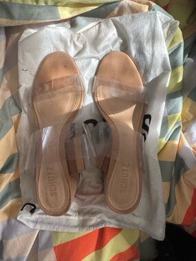 Schultz clear strap block heel slides in taupe 8